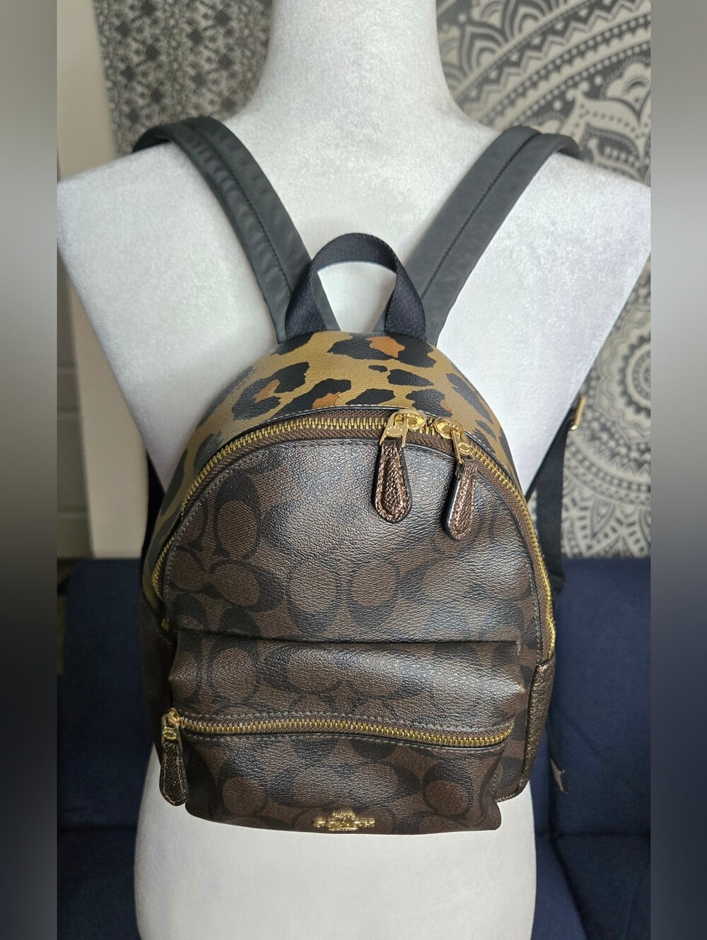 Coach Mini Charlie Backpack in Signature Canvas with Leopard Print